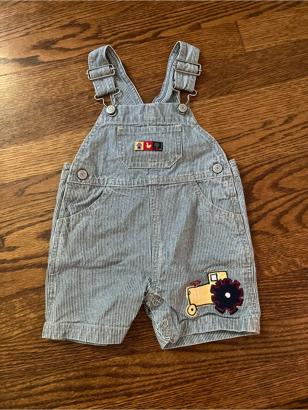 Vintage Carter’s Striped Blue Baby Overalls with Tractor Patch